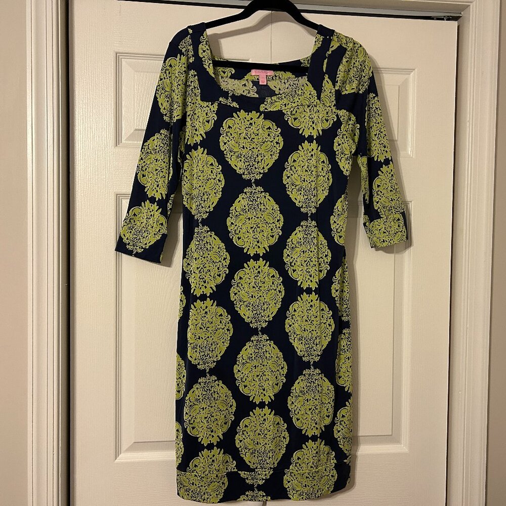 LILLY PULITZER Sz 14 Navy Blue Green Silk Stretch 3/4 Sleeve Dress
